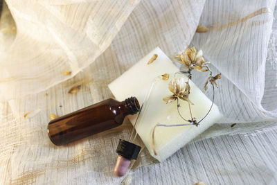 High angle view of white flower on table