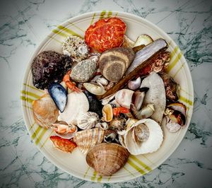 Directly above shot of various fish shells in plate