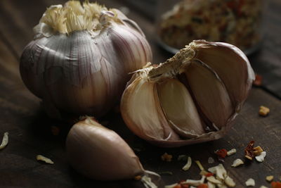 Close-up of garlic on table