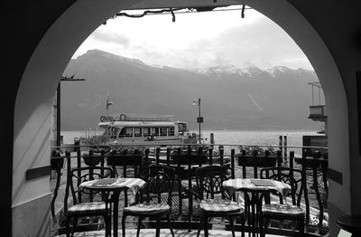 Chairs and tables against sky