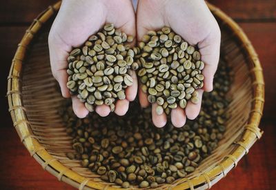 High angle view of hands holding raw coffee beans over basket