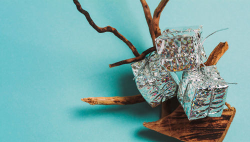 High angle view of food on table against blue background
