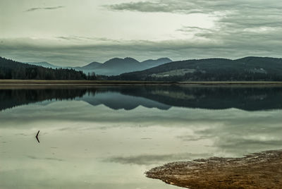 Scenic view of lake by mountains against sky