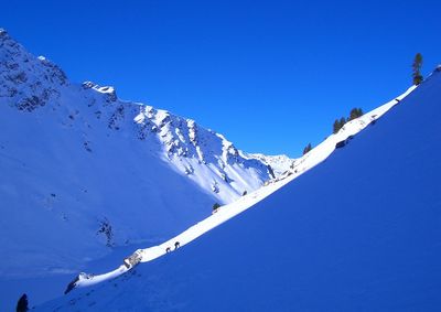 Low angle view of snowcapped mountain against clear sky