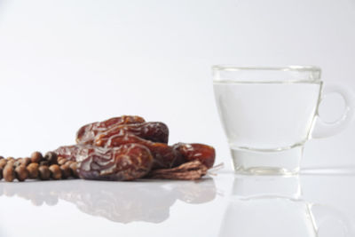 Close-up of breakfast on table against white background