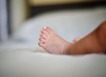 Low section of baby feet on bed