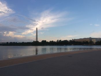 Scenic view of lake against sky during sunset