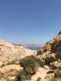 Scenic view of landscape against clear blue sky