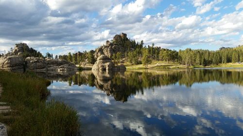 Scenic view of lake against cloudy sky