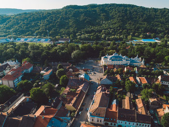 High angle view of townscape and trees in city