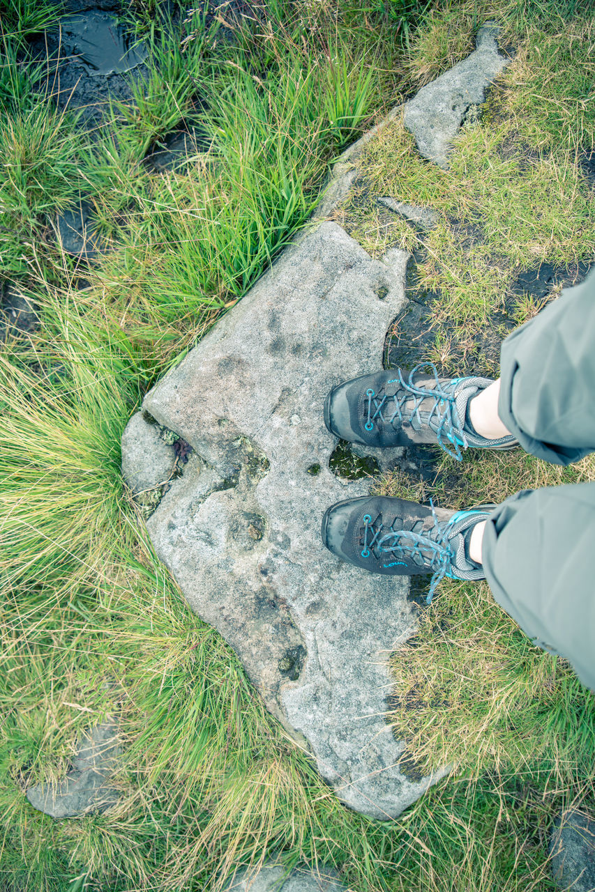 human leg, grass, low section, high angle view, one person, plant, shoe, day, nature, lifestyles, green, leisure activity, personal perspective, land, standing, footwear, outdoors, field, men, clothing, lawn, adult, growth, limb, casual clothing, human limb, directly above, human foot