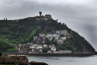 Buildings by sea against sky