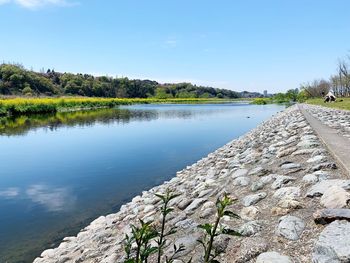 Scenic view of lake against clear blue sky