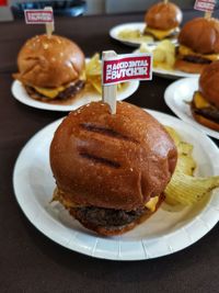 Close-up of burger in plate on table