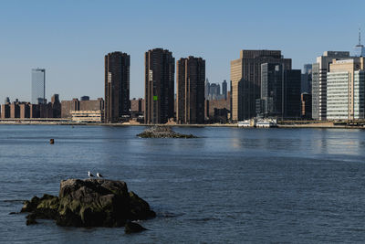 Manhattan skyline, waterside plaza condos from east side manhattan, panorama, river, architecture