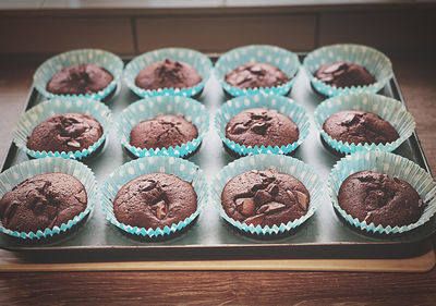 High angle view of cupcakes on table