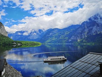 Scenic view of lake by mountains against sky