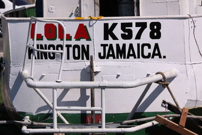 Close-up of text on boat