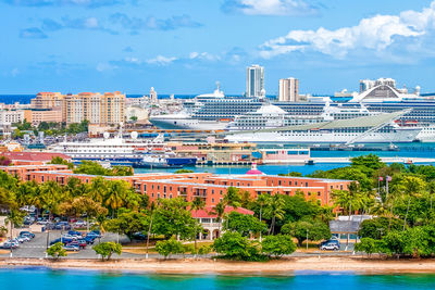 View of buildings at waterfront against cloudy sky