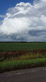 Scenic view of field against cloudy sky