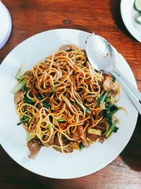 High angle view of noodles in plate on table