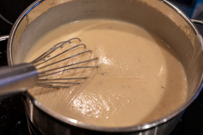 High angle view of soup in bowl