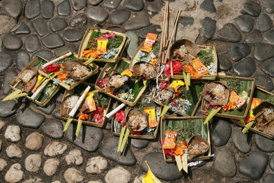 High angle view of food for sale