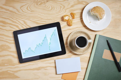 View of desk with digital tablet and coffee cup