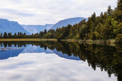 Scenic view of lake by trees against sky