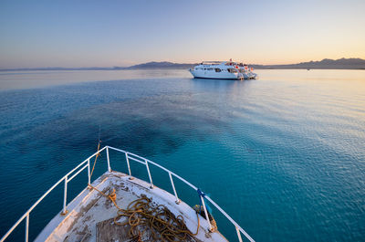 High angle view of ship sailing in sea against sky