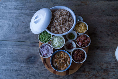 High angle view of breakfast on table