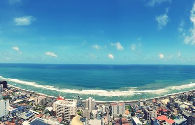 High angle view of beach against blue sky