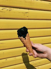 Close-up of hand holding ice cream against yellow wall