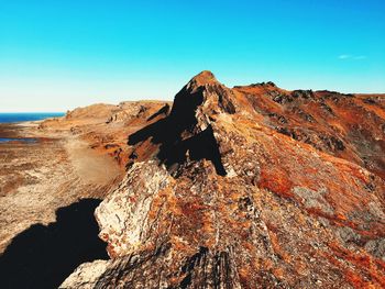 Rock formations against clear blue sky