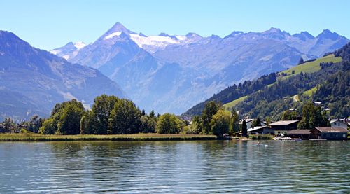 Scenic view of lake and mountains against sky