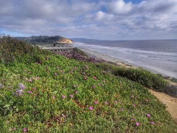 Scenic view of sea against cloudy sky