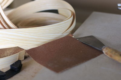 High angle view of bread on cutting board