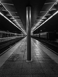 Empty railroad station platform at night