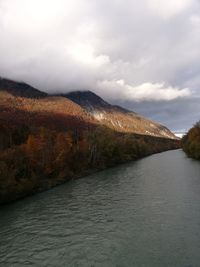 Scenic view of river amidst mountains against sky