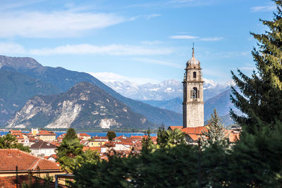 High angle view of trees and buildings against sky