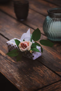 High angle view of rose on table