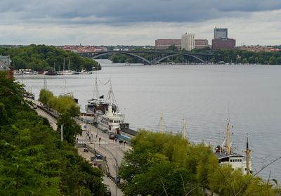 Bridge over river with city in background