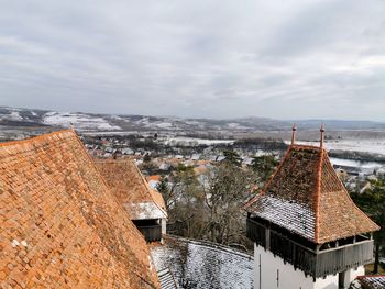 Aerial view of buildings against cloudy sky