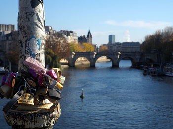 Bridge over river with buildings in background