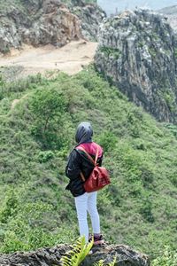 Rear view of woman standing on rock