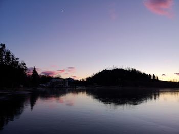 Scenic view of lake against sky at sunset