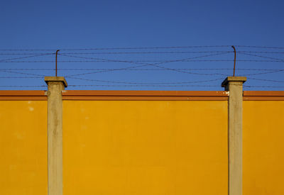 Low angle view of fence against clear sky