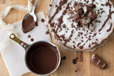 High angle view of cake in plate on table