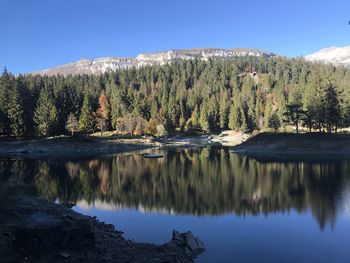 Scenic view of lake by trees against clear sky