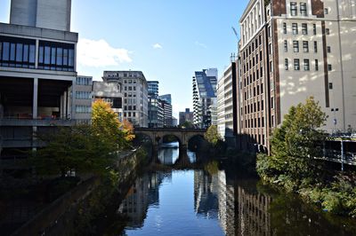 Bridge over river amidst buildings in city against sky